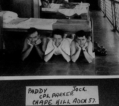 Paddy, Cpl parker, Jock. Chapel hill, Aden 1957